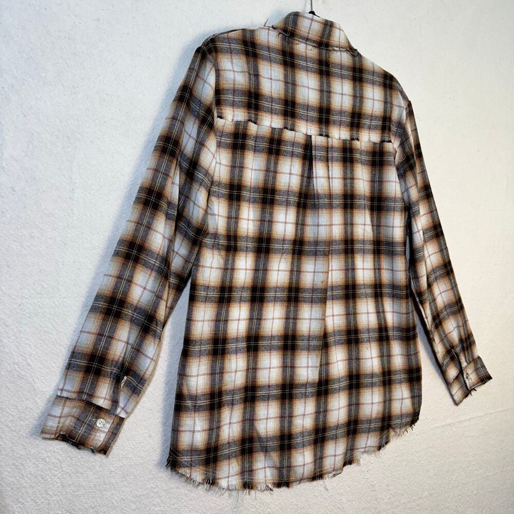POL Oversized Long Sleeve Cream Brown Plaid Distressed Flannel Button-Up Medium - Picture 5 of 7